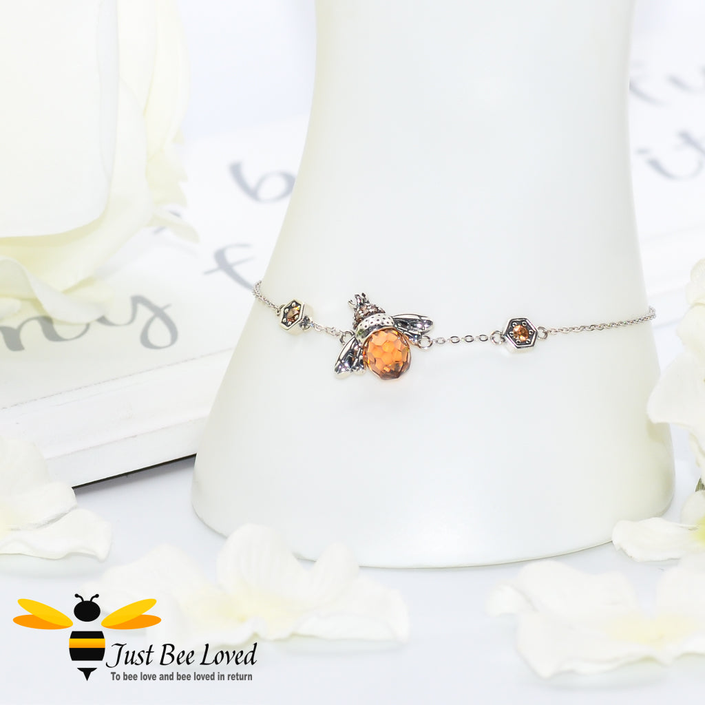 Sterling silver Queen Honey Bee sliding bracelet with hexagon cubic zircon crystals