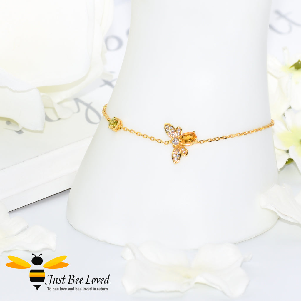 Sterling silver 925 1 carat Oval Citrine Bee Bracelet with peridot honeycomb 14k gold plated