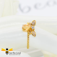 Load image into Gallery viewer, Sterling silver 925 14k Gold plated 1ct Oval Citrine Bee Ring with white cubic zircon