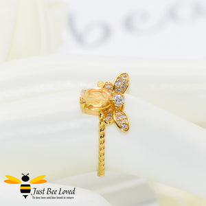 Sterling silver 925 14k Gold plated 1ct Oval Citrine Bee Ring with white cubic zircon