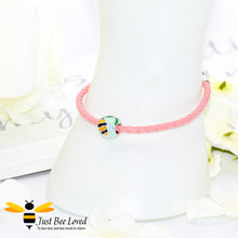 Load image into Gallery viewer, Sterling Silver 925 leather bracelet with sterling silver enamelled bee &amp; flower charm bead
