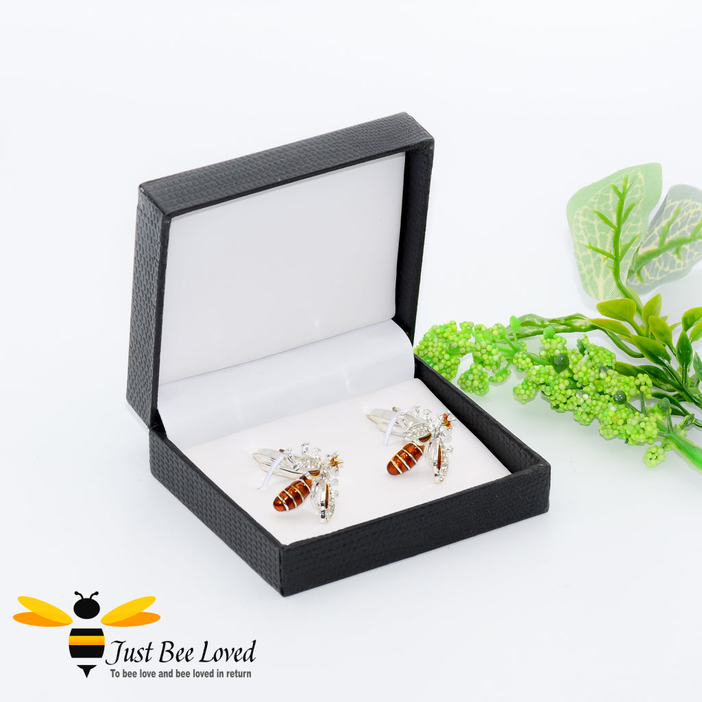 White Rhinestone Crystals Silver Bee Cufflinks Gifts For Men