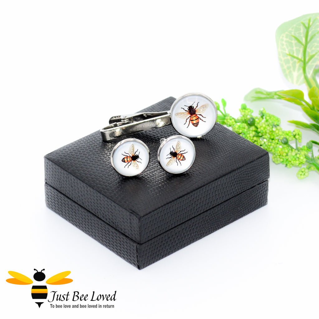 Glass Honey Bee Silver Tie Clip & Cufflinks Set Gifts For Men