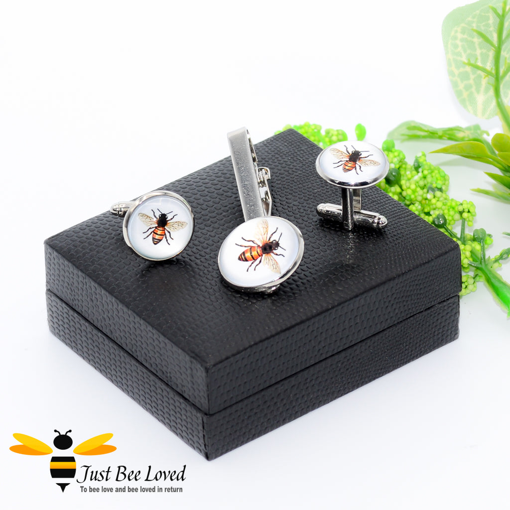 Glass Honey Bee Silver Tie Clip & Cufflinks Set Gifts For Men