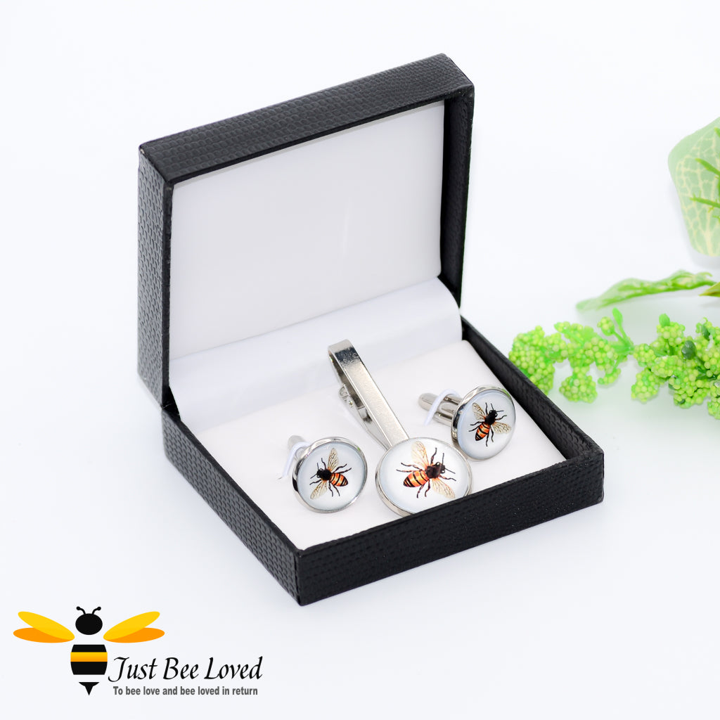Glass Honey Bee Silver Tie Clip & Cufflinks Set Gifts For Men
