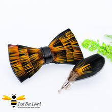 Load image into Gallery viewer, Natural Feathers Bow Tie &amp; Lapel Set with orange feather on faux Black PU leather bow tie Bee Inspired Clothing Accessories Gifts For Men