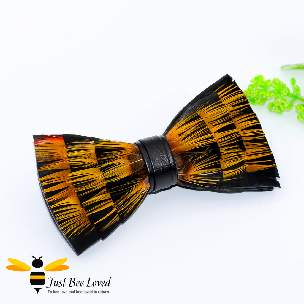 PU Leather Bowtie with orange natural feathers.