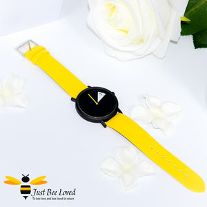 Shengke Sinobi Liberty Futuristic Ladies Leather Wrist Watch with Yellow band and Black watch face