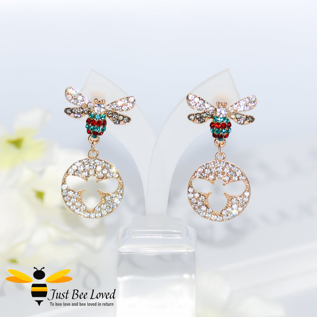 Sparkling Crystal Bee earrings with hoop dangles