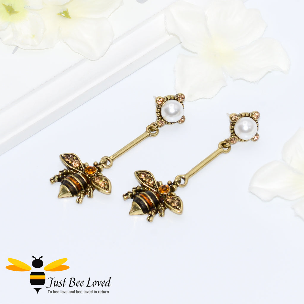 Handmade Rhinestone & Pearl Bee Dangle Earrings Fashion Jewellery