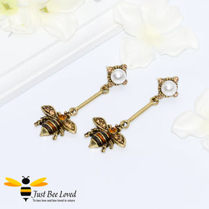 Handmade Rhinestone & Pearl Bee Dangle Earrings Fashion Jewellery