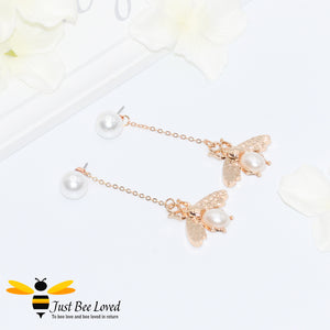 Handmade Pearl & Bee Gold Plated Dangle Earrings Bee Trendy Fashion Jewellery