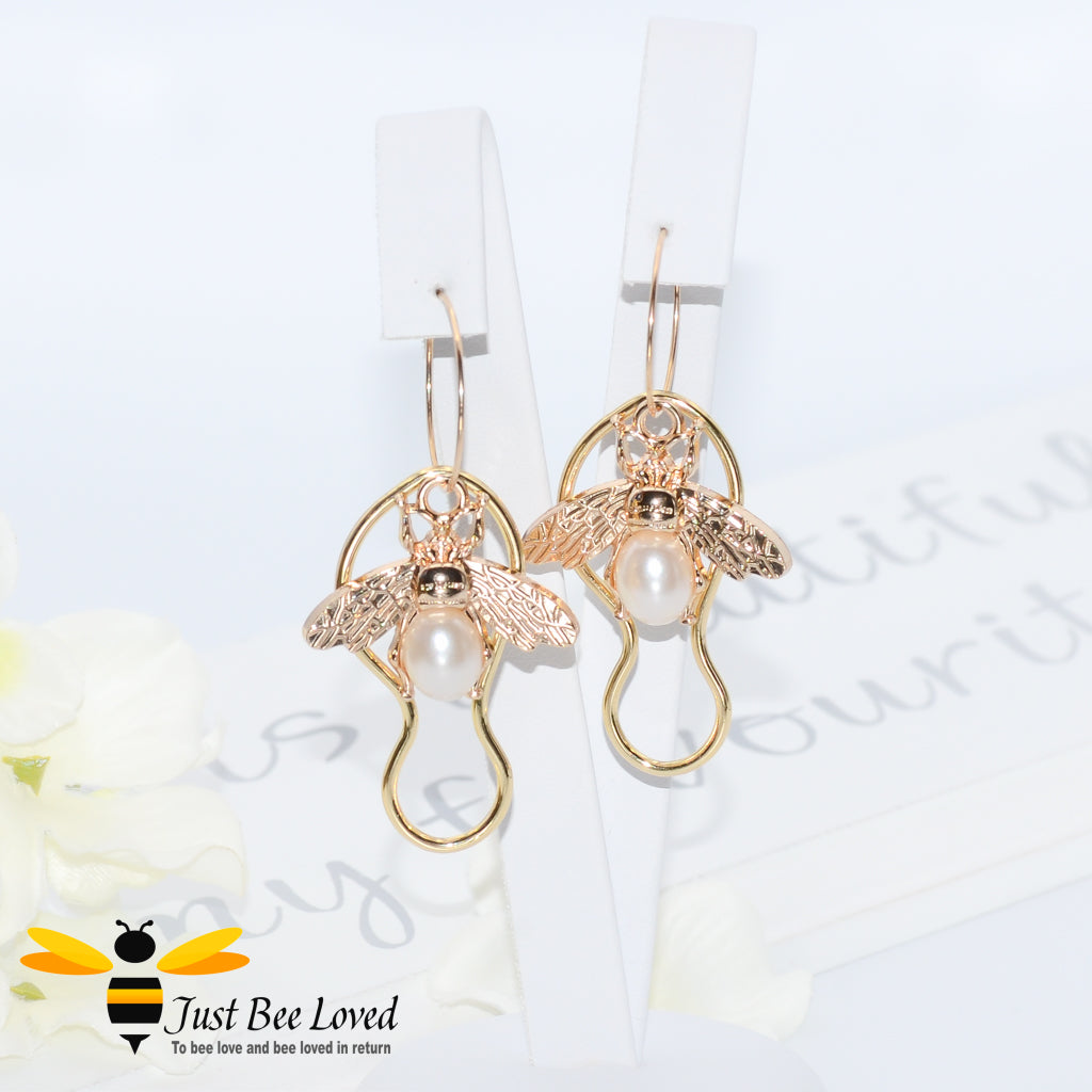 Handmade Bee & Faux Pearl Drop Earrings 