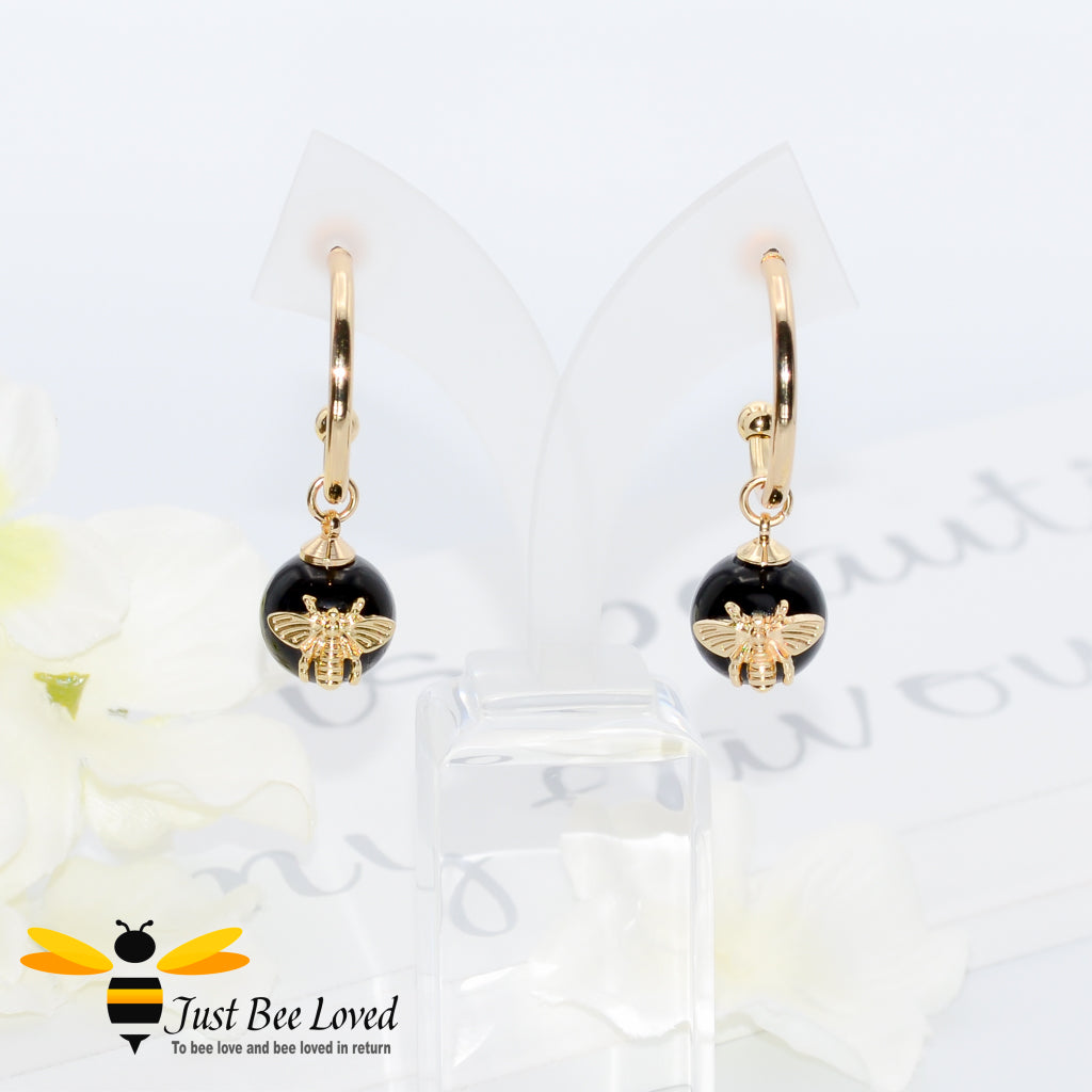 Black Stone Ball & Bee Hoop Earrings 