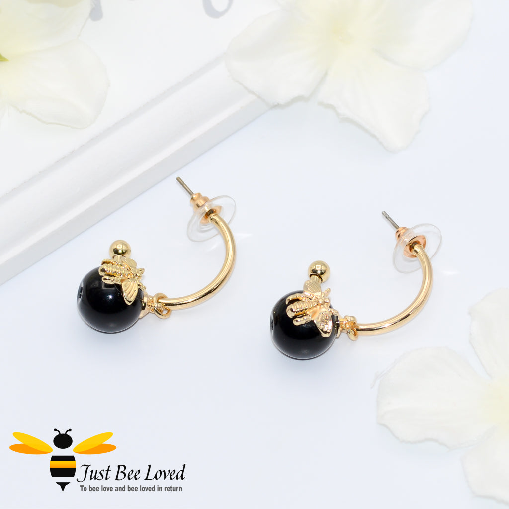 Black Stone Ball & Bee Hoop Earrings 