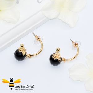 Black Stone Ball & Bee Hoop Earrings Bee Trendy Fashion Jewellery