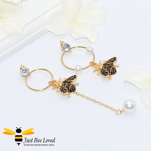 Asymmetrical Bee & Pearls Drop Earrings Bee Trendy Fashion Jewellery