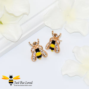 Rhinestone Crystal & Enamelled Bee Stud Earrings Bee Trendy Fashion Jewellery