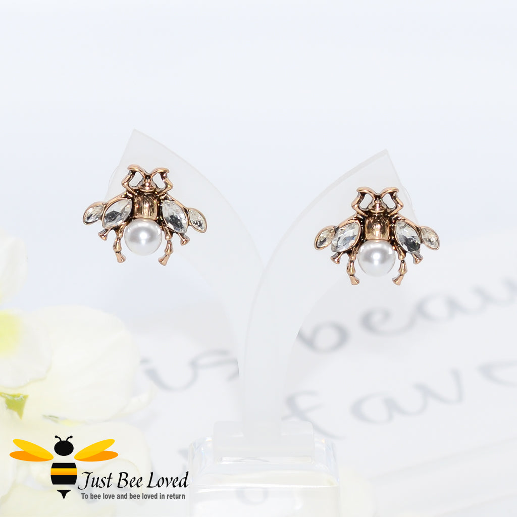 Vintage Crystal Bee Faux Pearl Stud Earrings Bee Trendy Fashion Jewellery