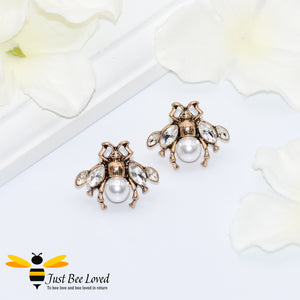 Vintage Crystal Bee Faux Pearl Stud Earrings 