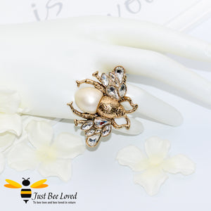 Crystals & Pearl Bee Double Finger Statement Ring Bee Trendy Fashion Jewellery