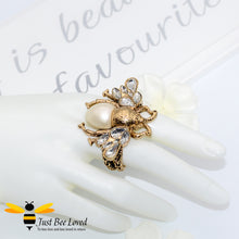 Load image into Gallery viewer, Crystals &amp; Pearl Bee Double Finger Statement Ring Bee Trendy Fashion Jewellery