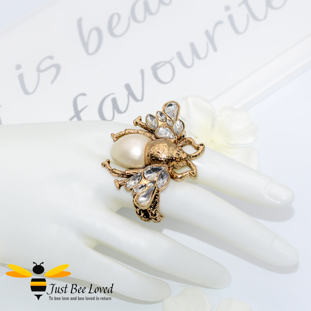 Crystals & Pearl Bee Double Finger Statement Ring Bee Trendy Fashion Jewellery