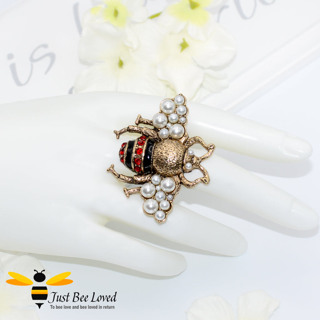 Rhinestone & Pearls Bee Statement Ring Bee Trendy Fashion Jewellery