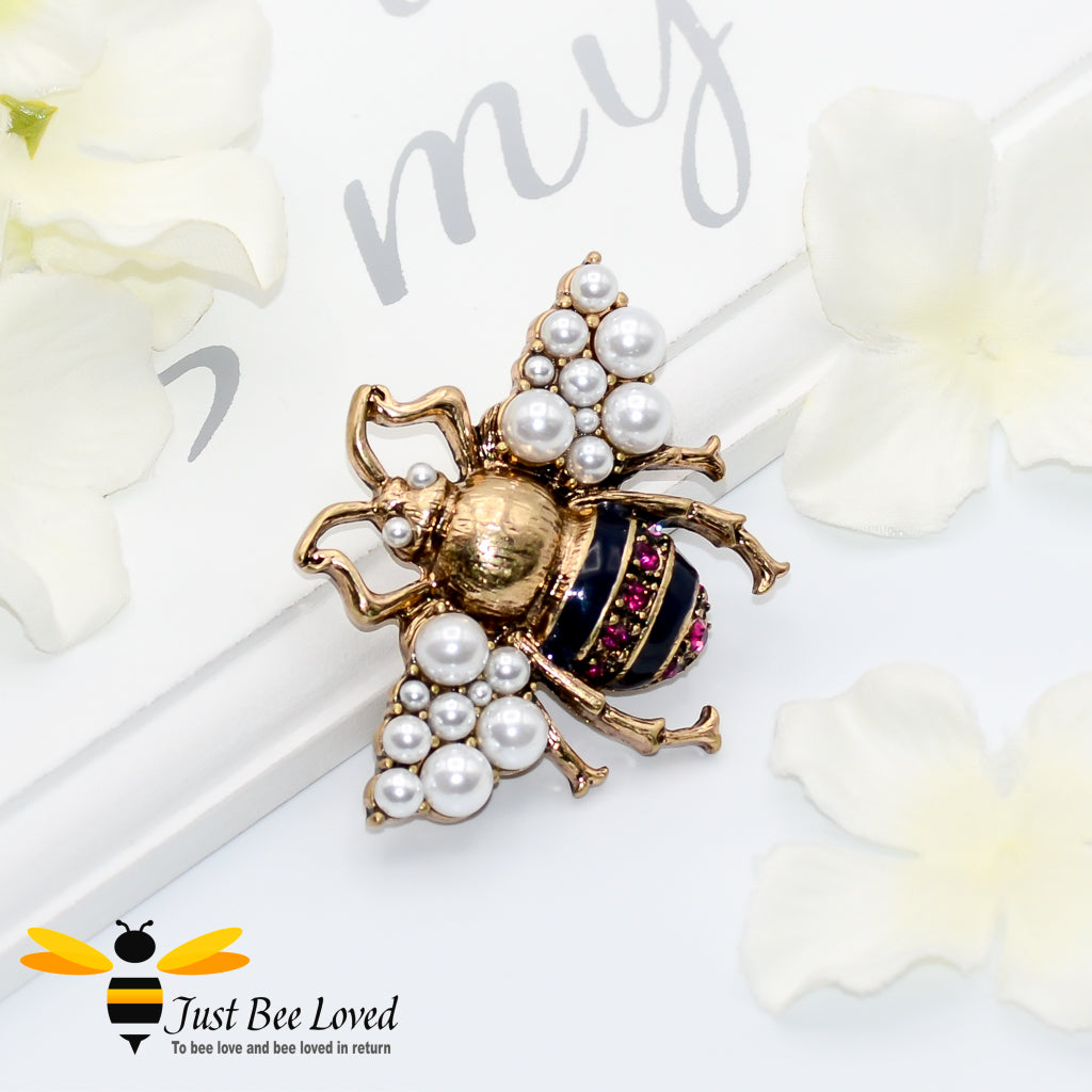 Red Rhinestone crystals and Pearls Vintage Bee Brooch 