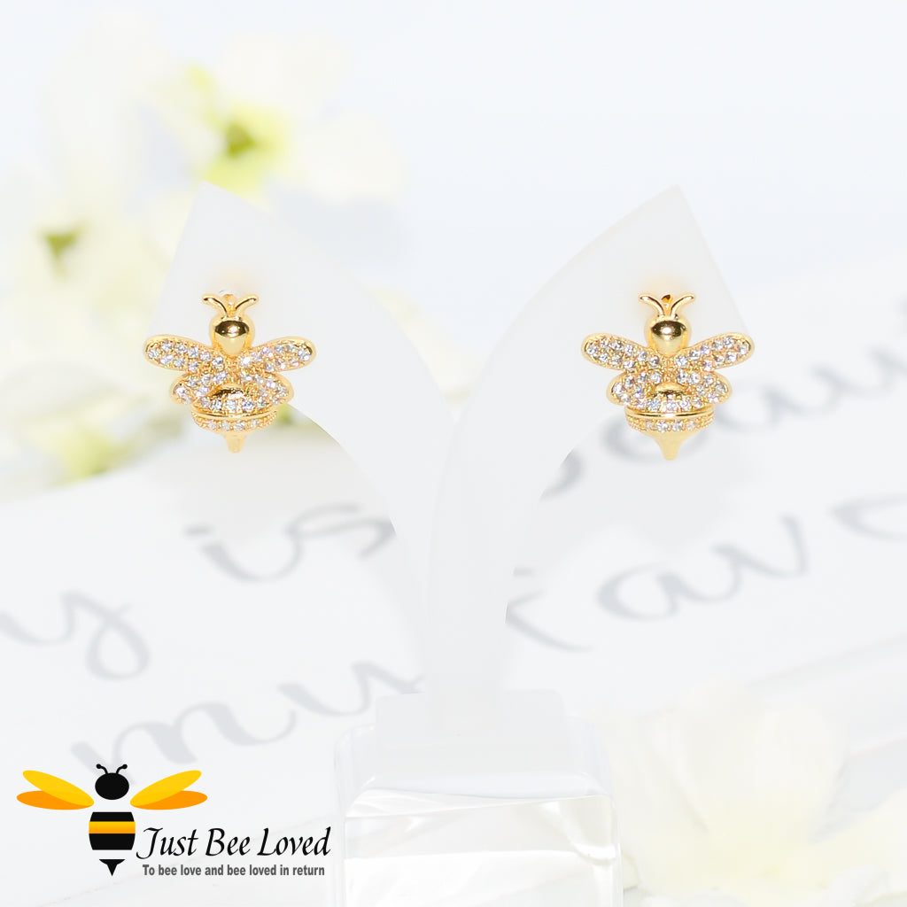 Cubic Zircon Gold Plated Bee Stud Earrings