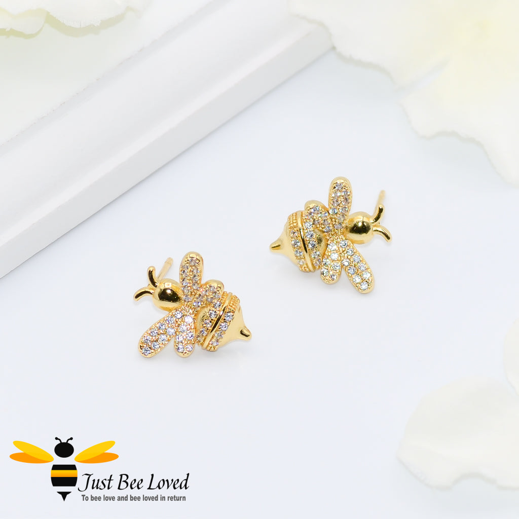 Cubic Zircon Gold Plated Bee Stud Earrings 