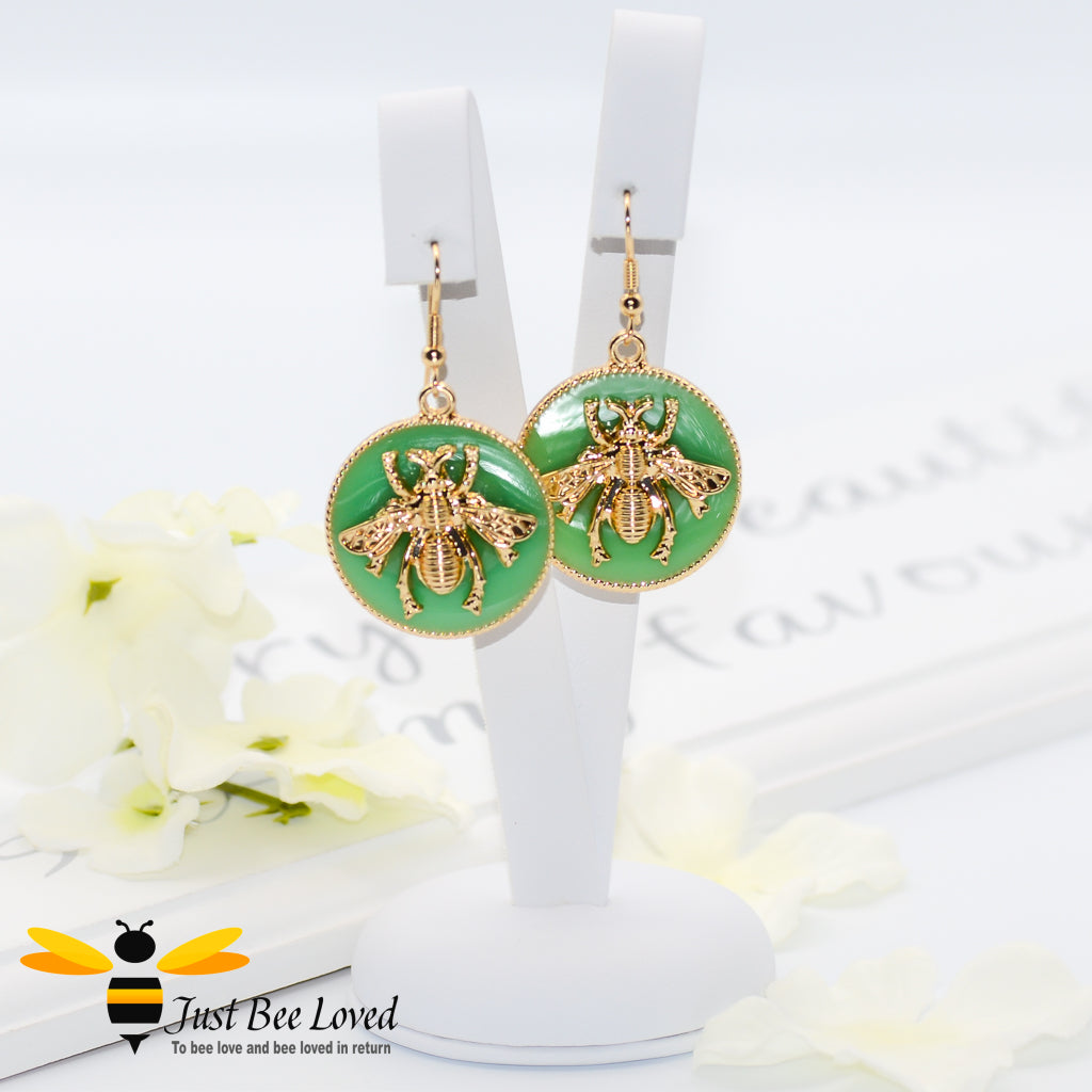 Handmade Green Glazed Bee Embellished Disc Earrings