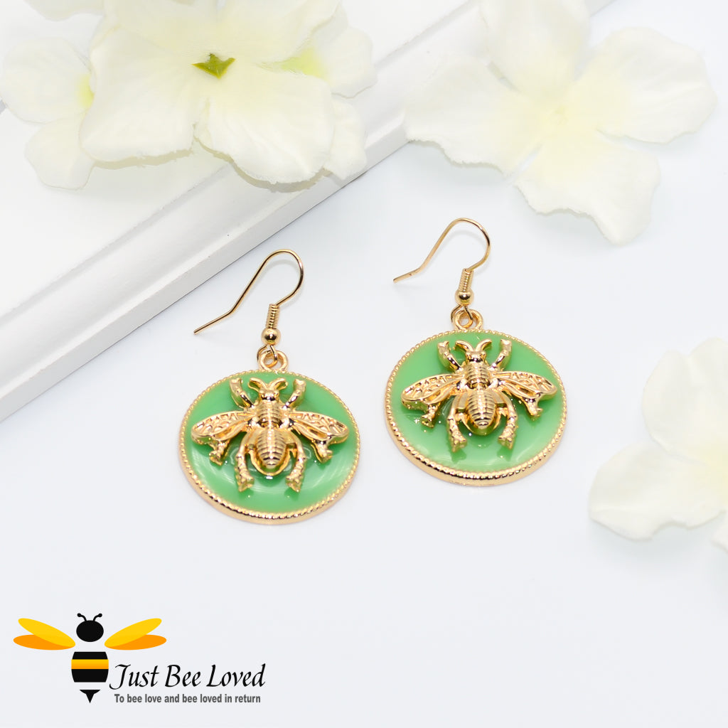 Green Glazed Bee Embellished Disc Earrings 