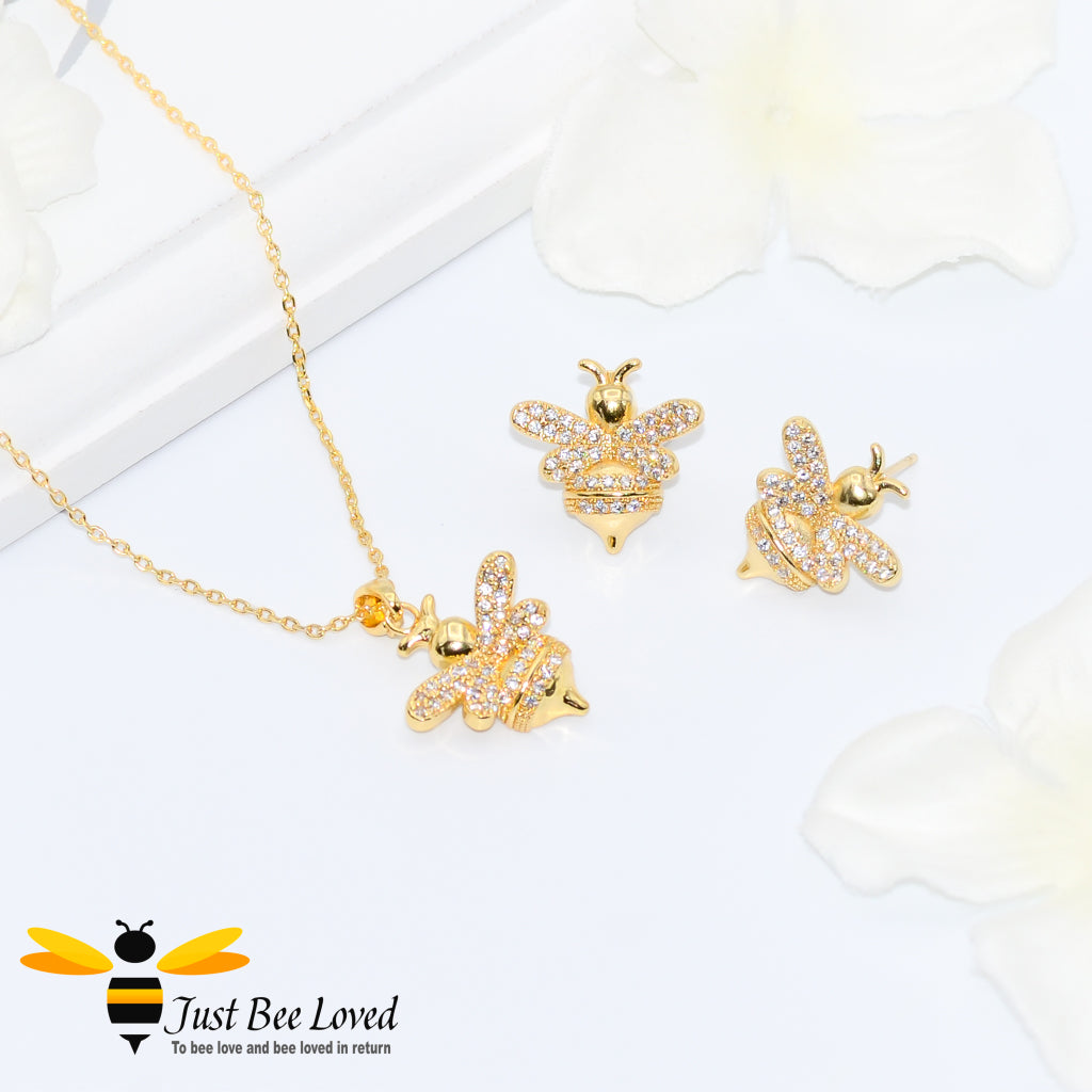 Cubic Zircon Gold Plated Bee Pendant Necklace with matching stud bee earrings