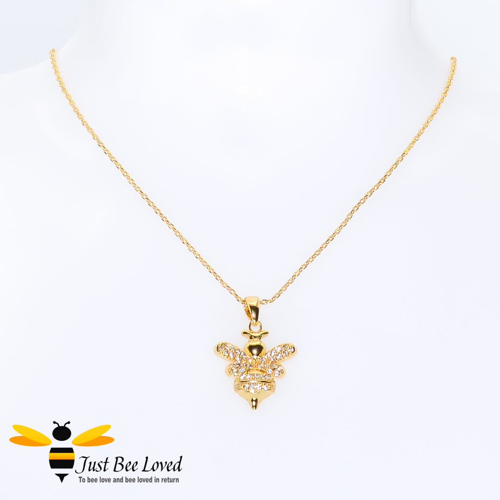 Cubic Zircon Gold Plated Bee Pendant Necklace