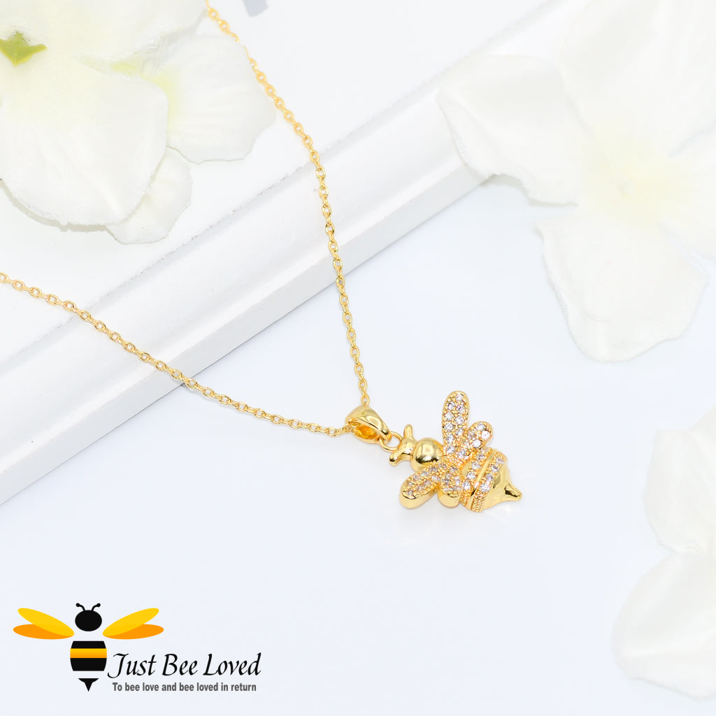 Cubic Zircon Gold Plated Bee Pendant Necklace 