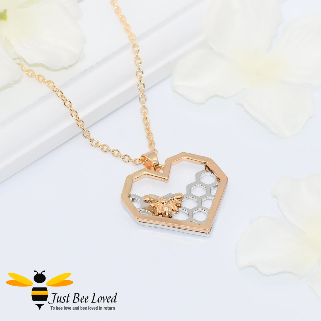 Gold colour Honeycomb Love Heart & Bee Pendant Necklace 