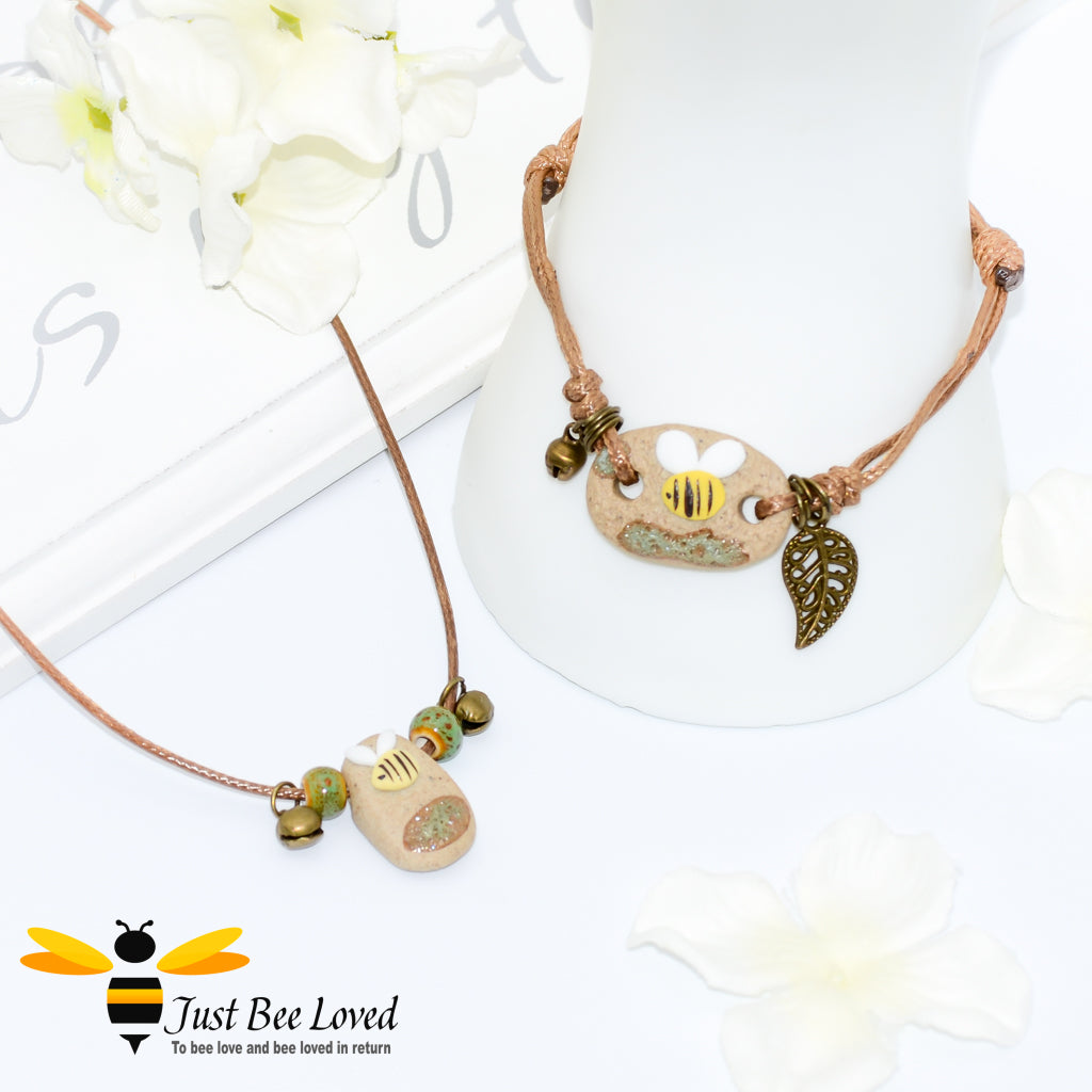 Handmade Small Clay Bee & Beads Rope Necklace and matching bee clay bracelet 