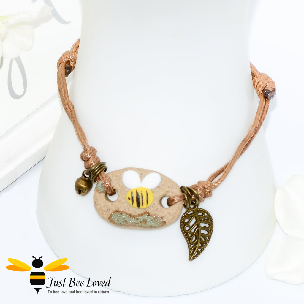Handmade Small Clay Bee & Leaf Rope Bracelet Bee Trendy Fashion Jewellery