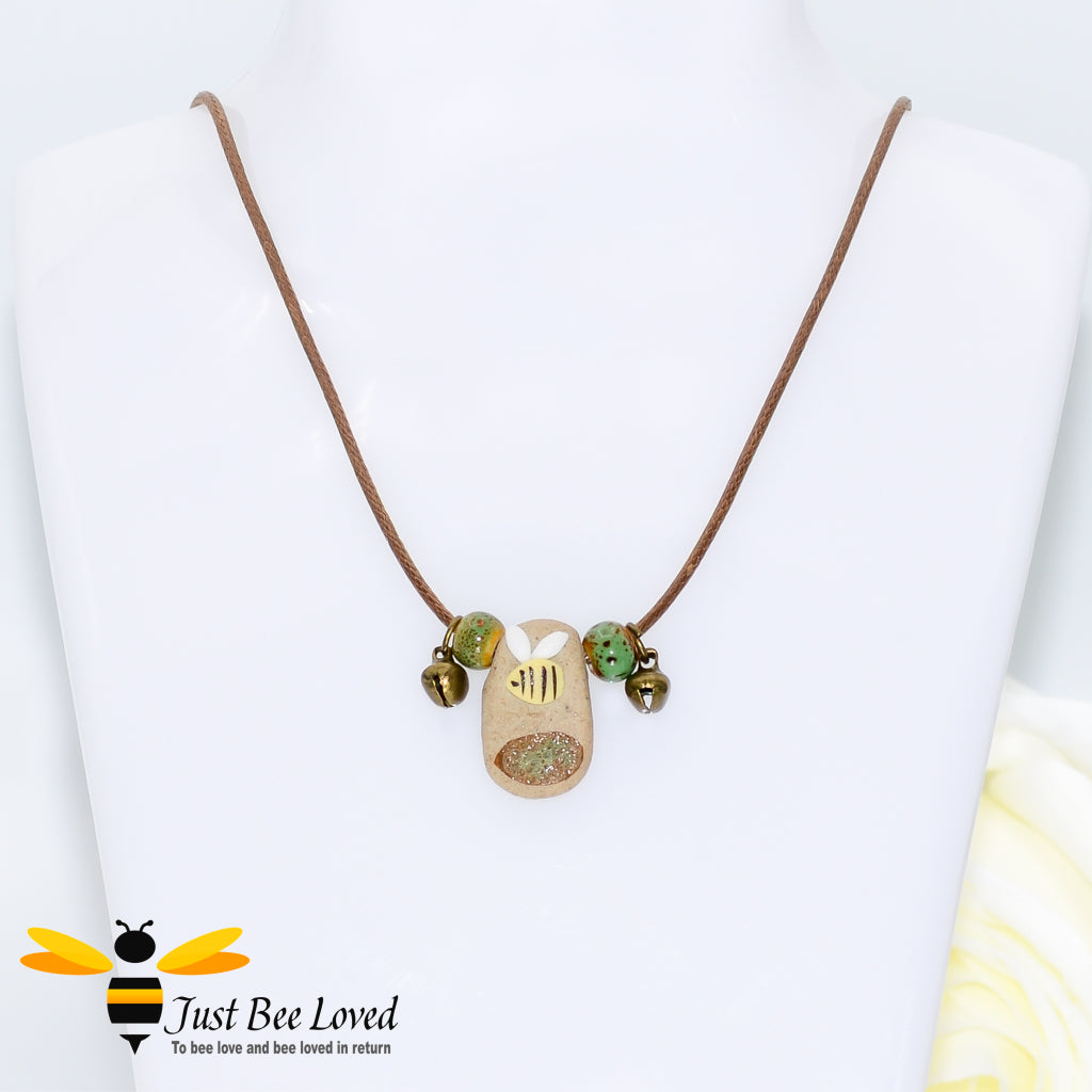 Handmade Small Clay Bee & Beads Brown Rope Necklace 