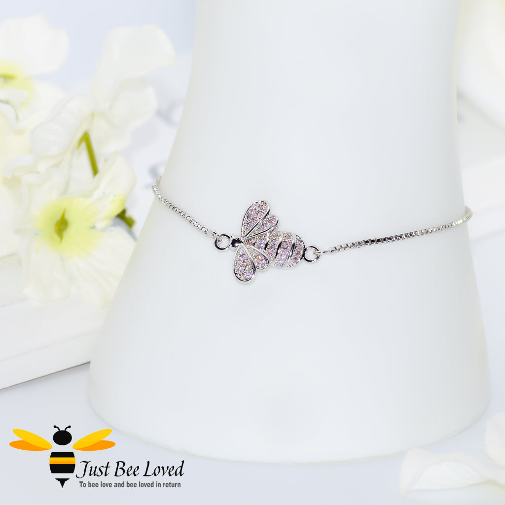 Cubic Zircon Bee Sliding Silver Bracelet