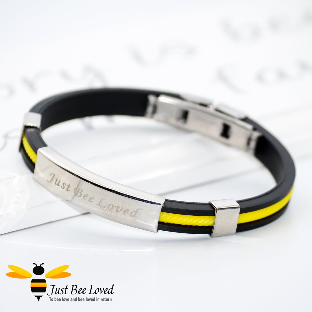 Just Bee Loved Signature Engraved Stainless Steel Silicone Unisex Bracelet Bee Colours Bee Trendy Fashion Jewellery
