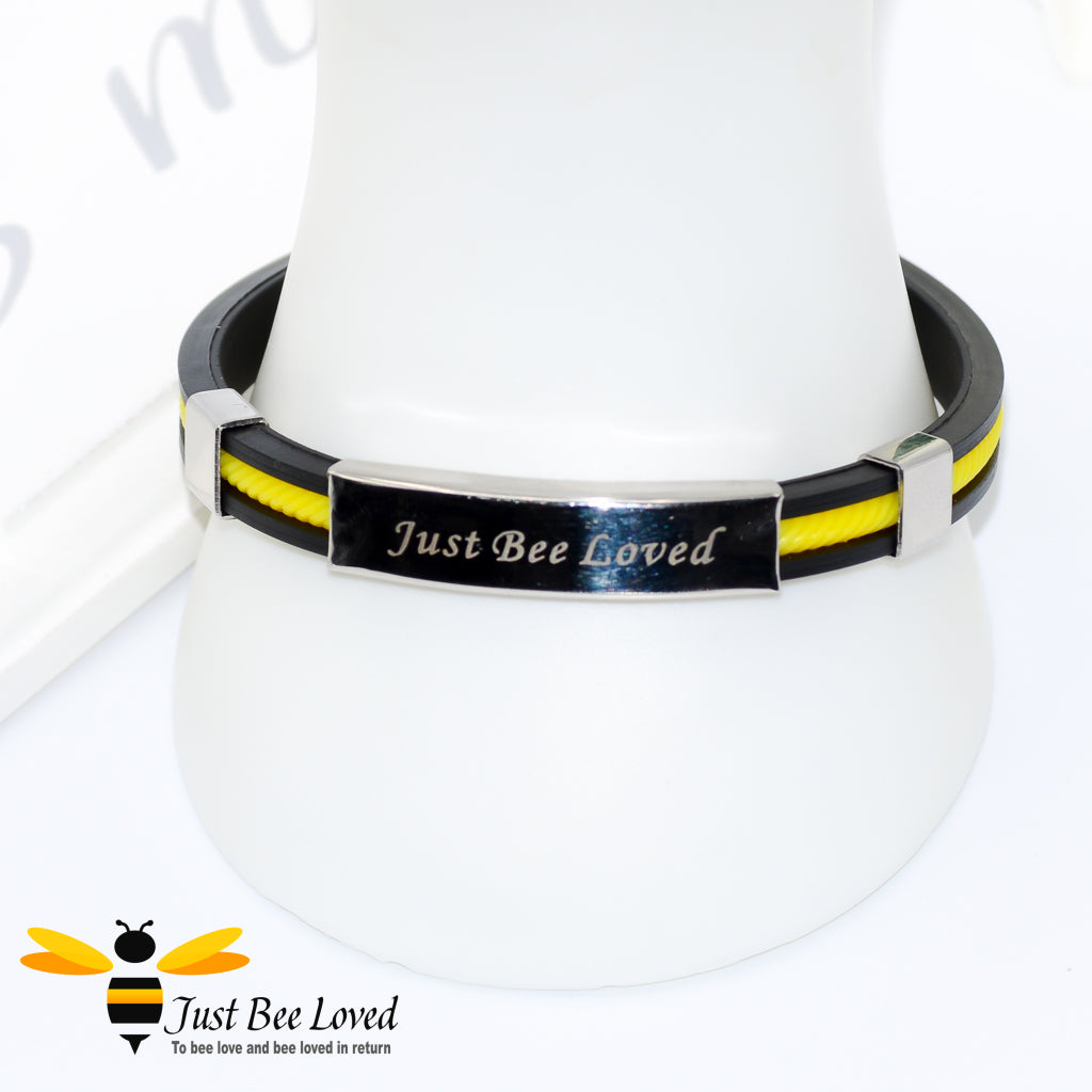 Just Bee Loved Signature Engraved Stainless Steel Silicone Unisex Bracelet Bee Colours Bee Trendy Fashion Jewellery