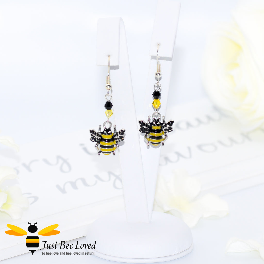 Silver colour bee and beads dangle earrings
