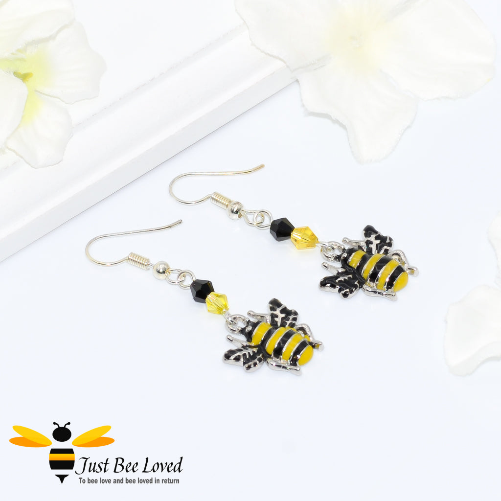 Silver colour Bee Dangle Earrings with yellow and black beads