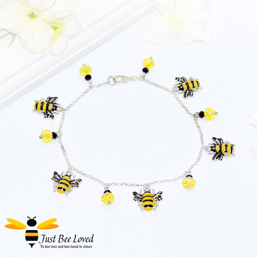Silver colour Bee charms Anklet chain with yellow and black beads.