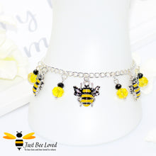 Load image into Gallery viewer, Just Bee Loved Handmade Silver Bee Charm Bracelet with black and yellow beads Bee Trendy Fashion Jewellery