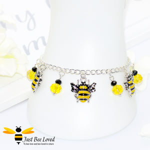 Just Bee Loved Handmade Silver Bee Charm Bracelet with black and yellow beads Bee Trendy Fashion Jewellery
