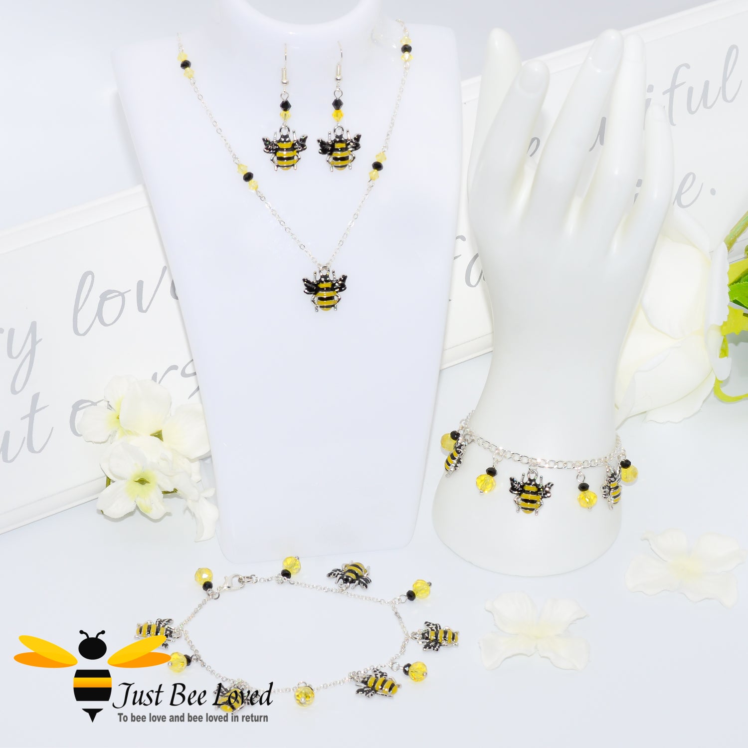 Silver Bee Charms Jewellery Set featuring a Bracelet, Earrings, Necklace and Anklet chain.