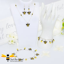 Load image into Gallery viewer, Just Bee Loved Handmade Silver Bee Charms 4 Piece Jewellery Set, bee earrings, bee necklace, bee bracelet, bee anklet Bee Trendy Fashion Jewellery